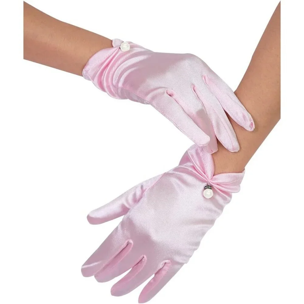 Women's Evening Pink-Satin Short Lace Gloves Wrist Wedding Bridal Party